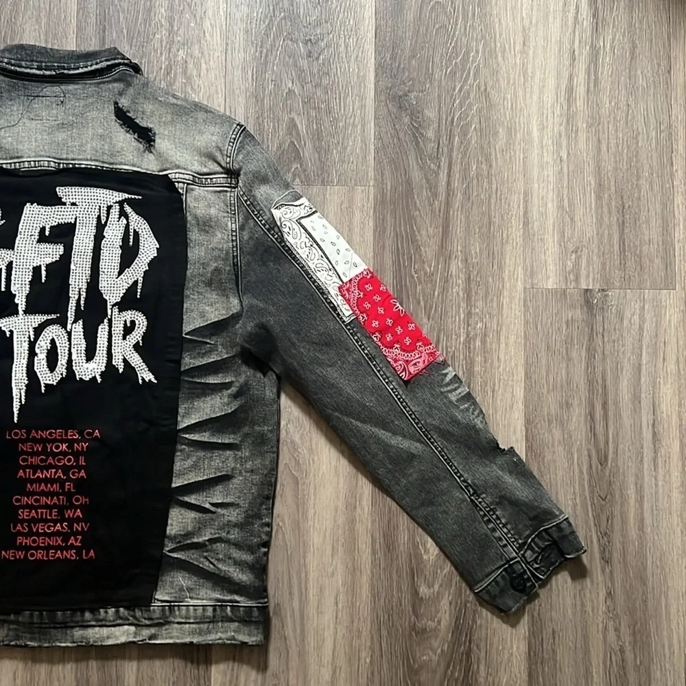 Giftd Tour Black and Red Jean Jacket Bandana Handmade Distressed Denim Large